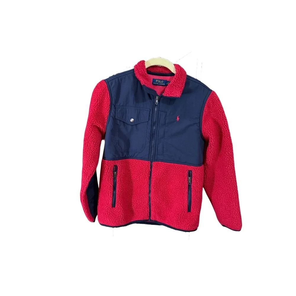 Polo Ralph Lauren Kids Red Navy Fleece Colorblock Zip Up‎ Jacket L 14 16